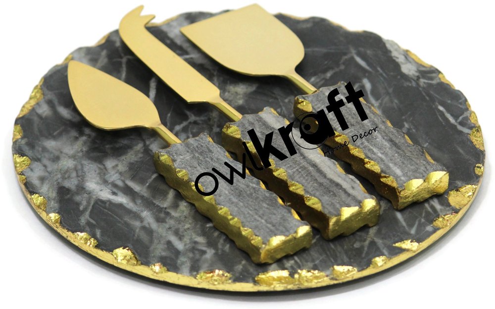 OwlKraft Handmade Gray Marble Cake Platter and Cutlery with Gold Finish