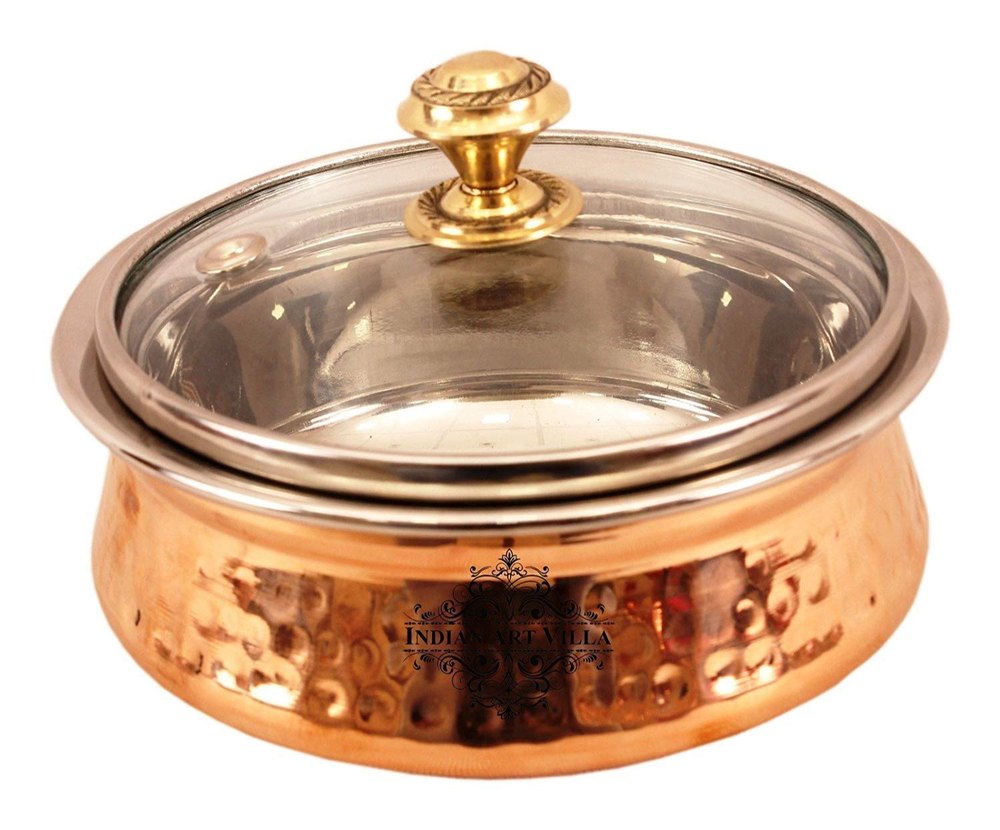 Steel Copper Serving Handi with Glass Lid Serving Dishes - 400 ML For Home