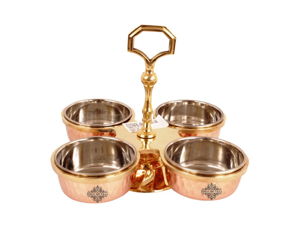Brown Hammered Indian Art Villa Steel Copper Pickel Set of 4 Bowl Compartment, Size: 7.0 X 8.0 Inches, Capacity: 100 Ml