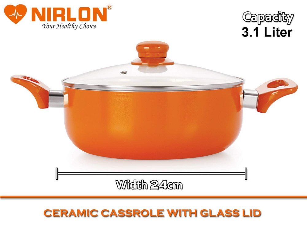 Orange 3.1L Nirlon Ceramic Casserole with Lid, For Kitchen