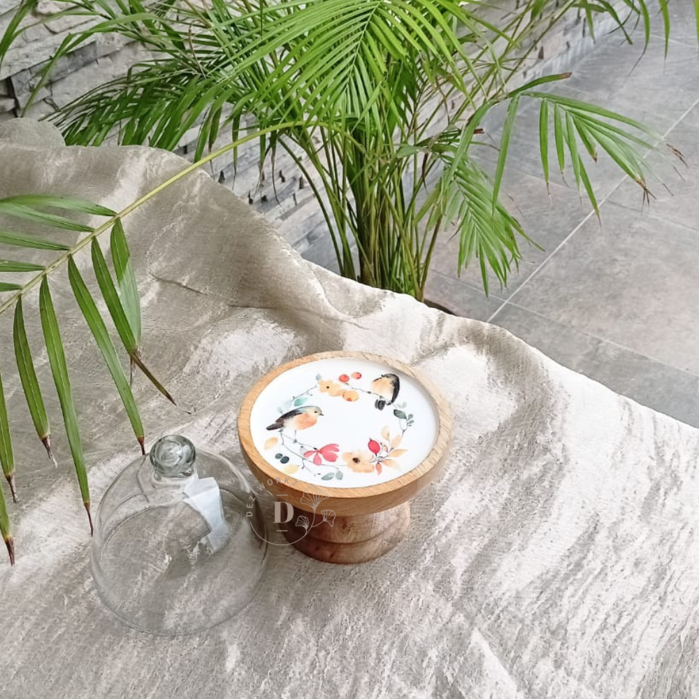 wooden Mini Flower print and bird Cake Stand With Dome, For Home, Packaging Type: Box
