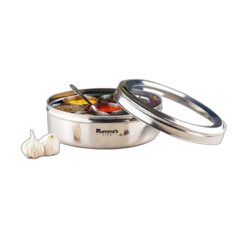 Round Silver Mumma\'s LIFE Stainless Steel Masala Box Spice Organiser for Kitchen, For Home