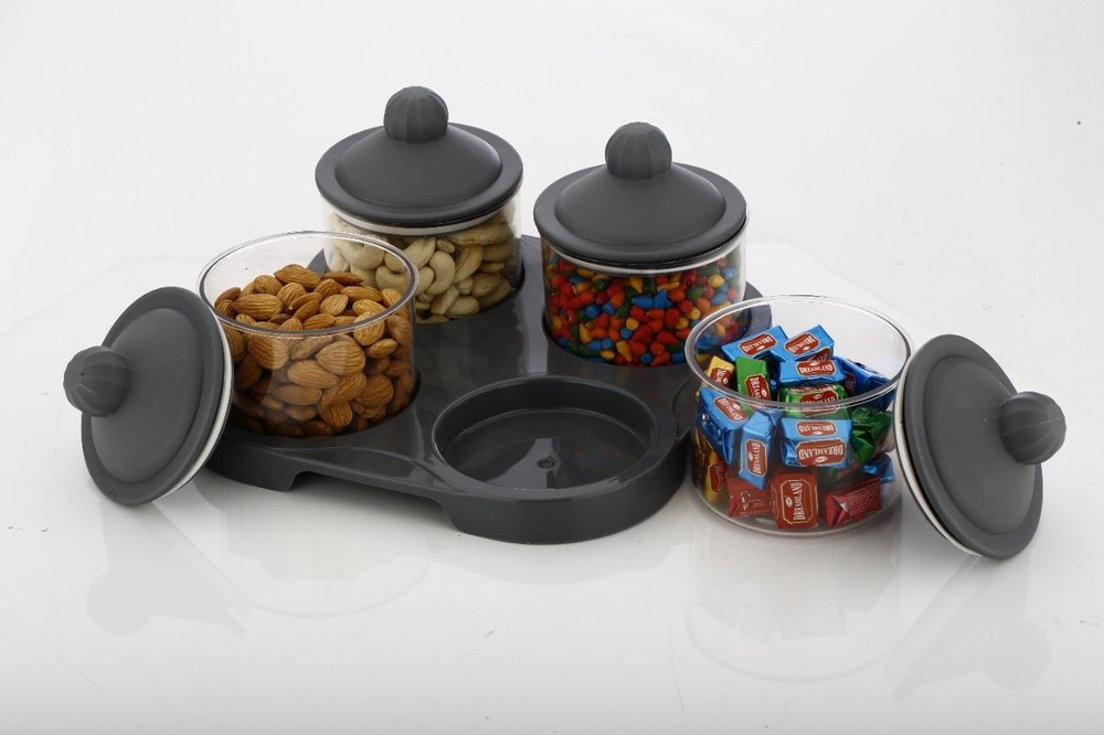 4 Jars And Tray Balck Condiment Set, For Home, Packaging Type: Box