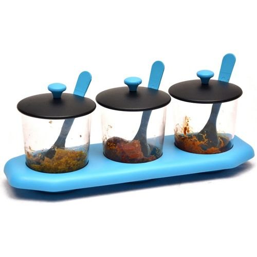 Black, Sky Blue Glass 3 Piece Plastic Condiment Set, Rounf, Size: Regular