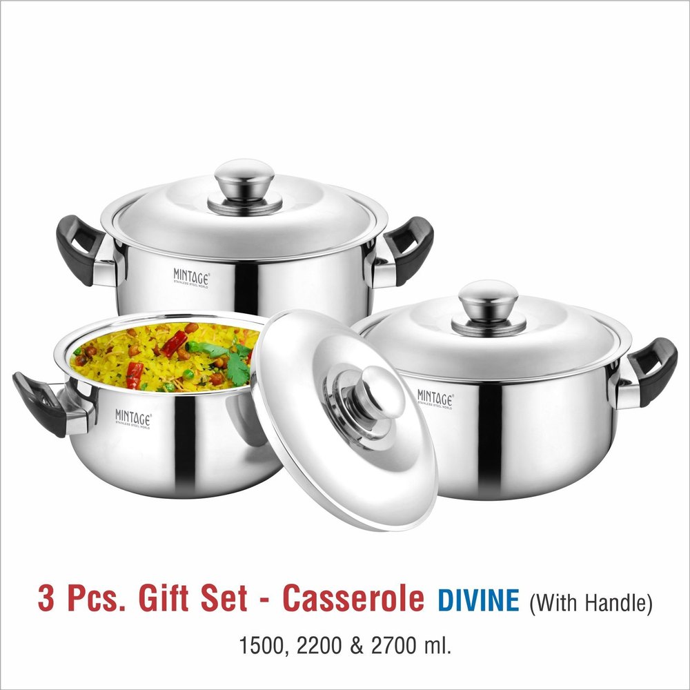 Stainless Steel Casserole Divine - 3 Pcs Gift Set, Capacity: 1500, 2200 & 2700 ml