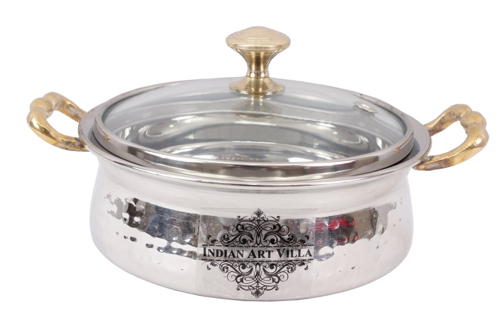 Stainless Steel Serving Handi Bowl with Glass Lid No. 2, Volume-500 mL, For Home