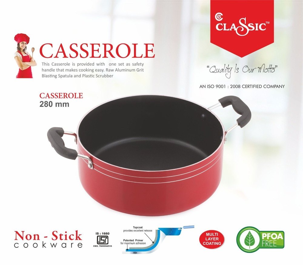 CLASSIC Red 24 CMS Aluminum Nonstick Cookware Casserole Glass Lid, For Restaurant