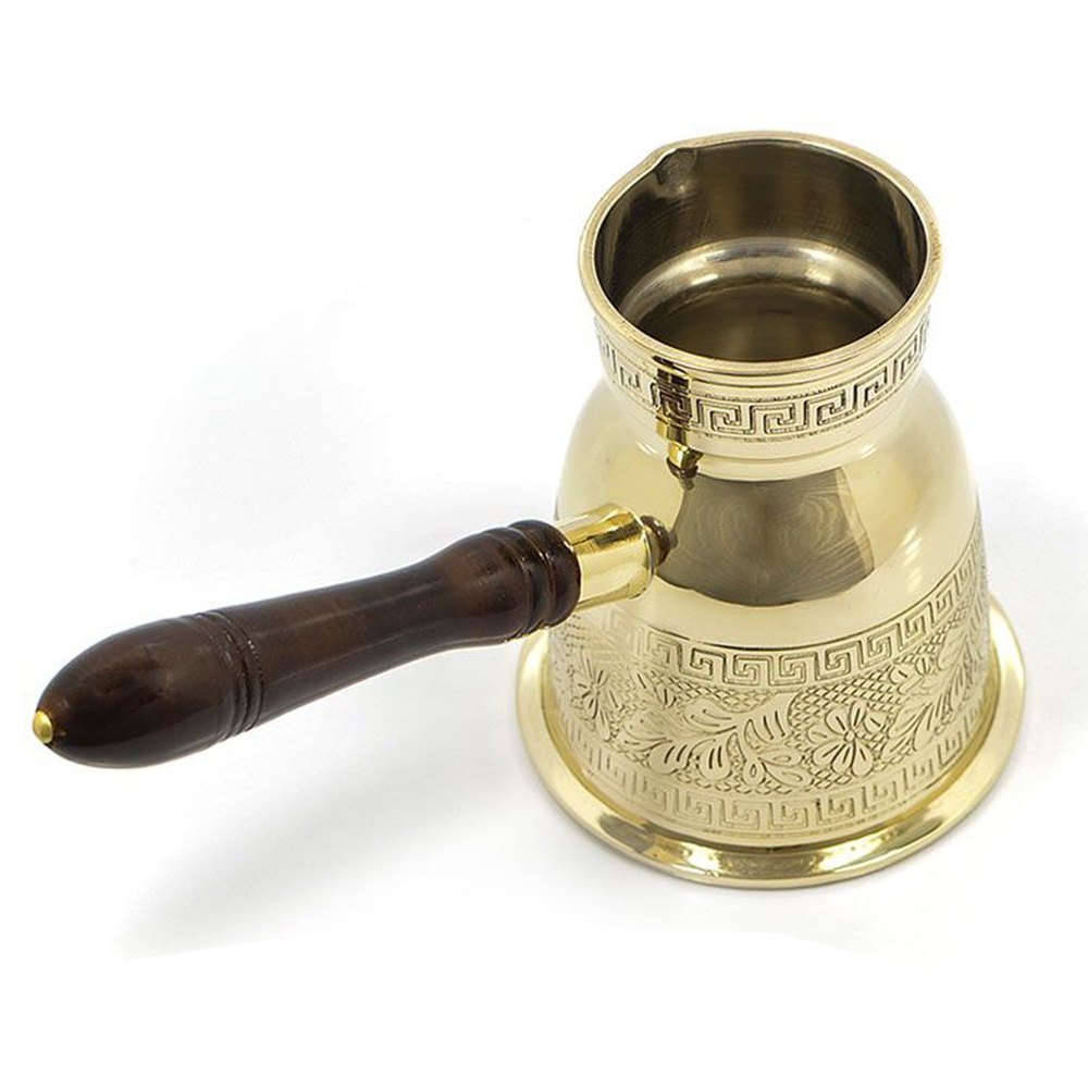 Turkish Brass Coffee Pot Handmade Elegant Patterns with Removable Wooden Handle