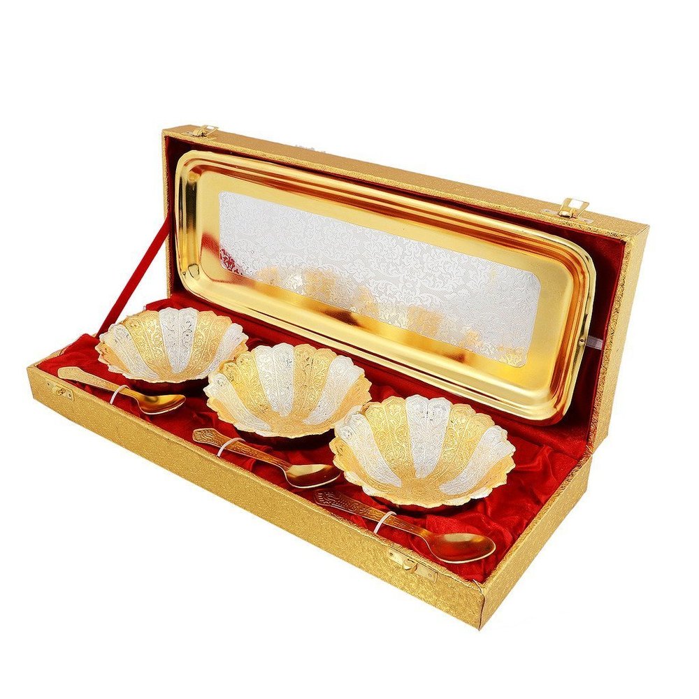 Aluminum Golden, Silver Silver And Gold Plated Brass Bowl Gift Set