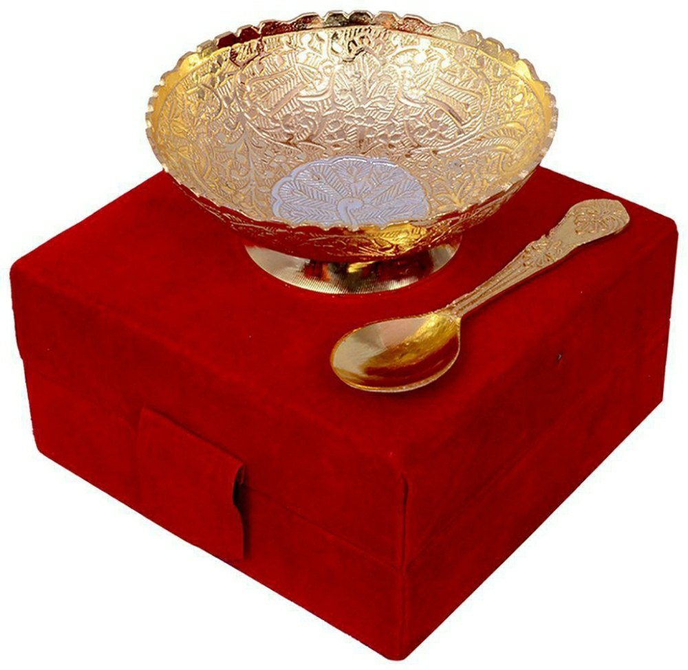 Round Brass German Silver Bowl Set With Spoon