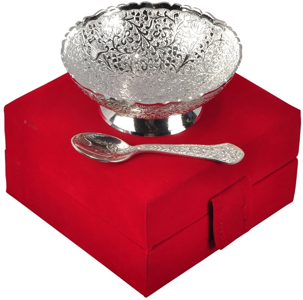Silver Plated Brass Bowl Set, Packaging Type: Red Velvet Box
