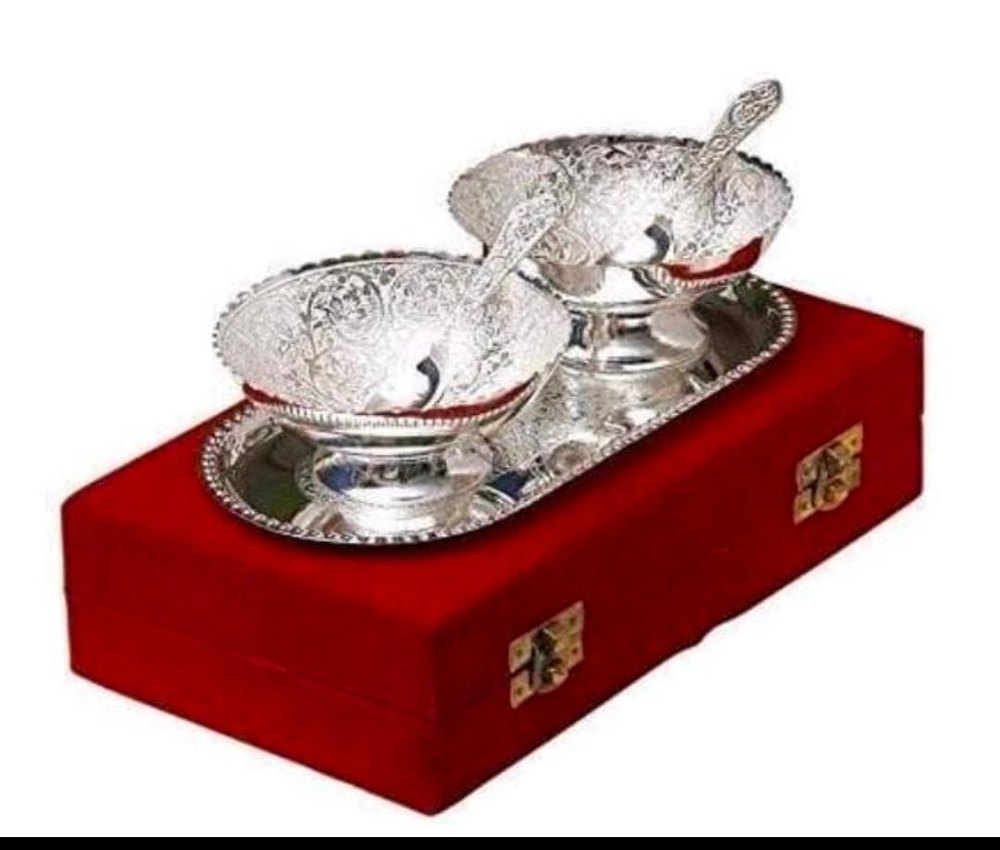 Round Silver Brass Bowl Set, For Gift