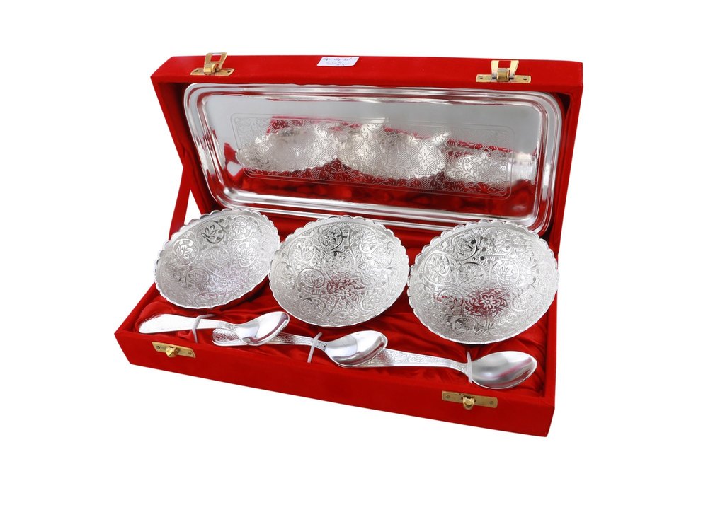 Round Silver Plated Tray Bowl Set For Gift