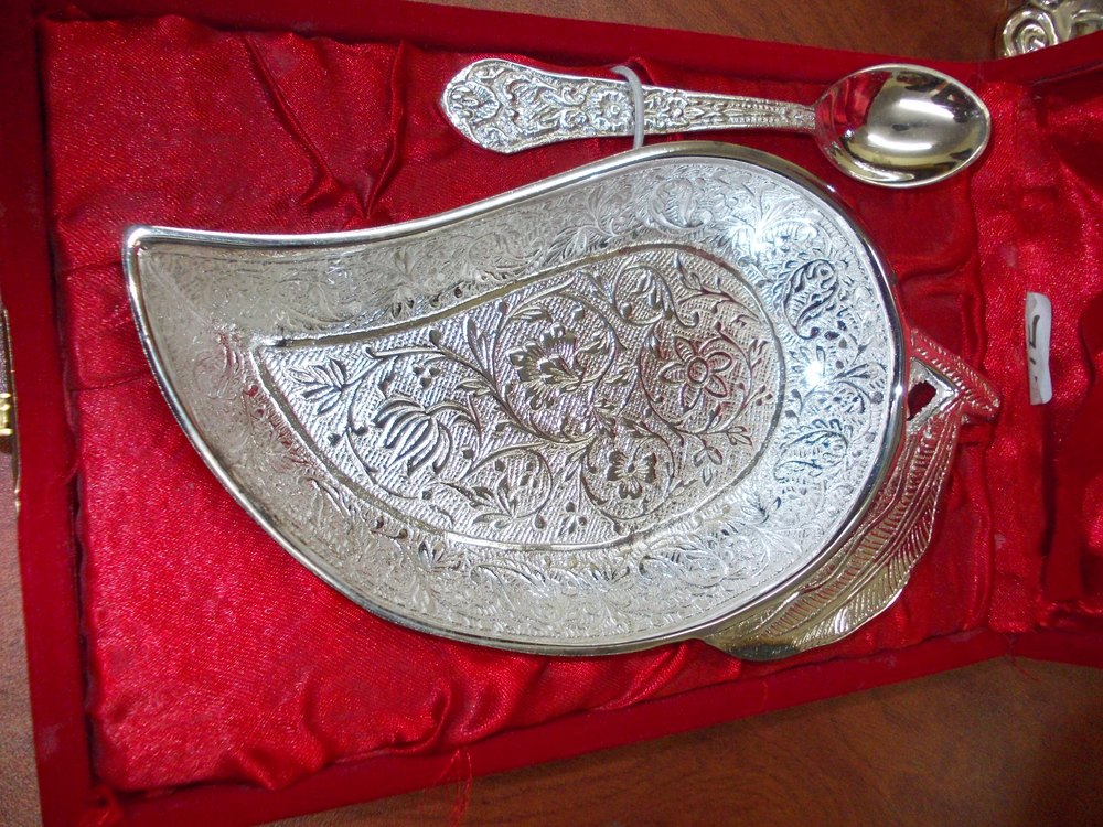 Brass Silver Plated Mango Shaped Plate with Spoon