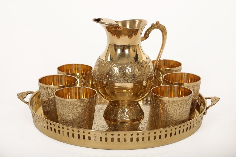 Brass Etched Jug Set, Shape: Round