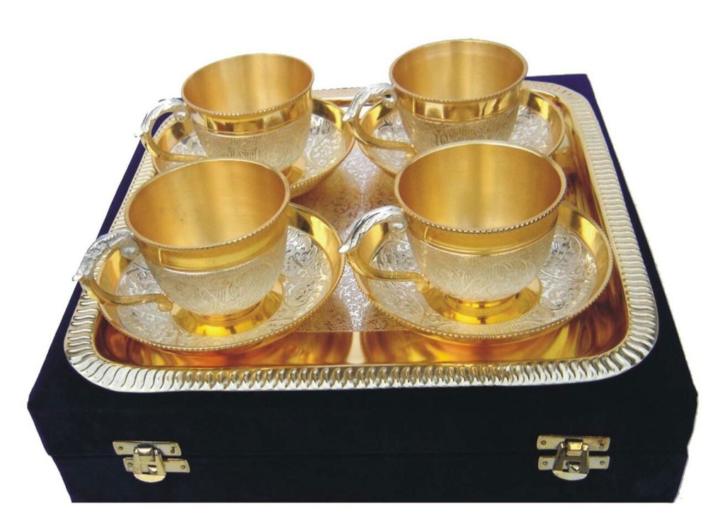 Embossed Gold Plated Brass Cup Saucer Set Of 4 Cup & Saucer With Steel Tray, For Home