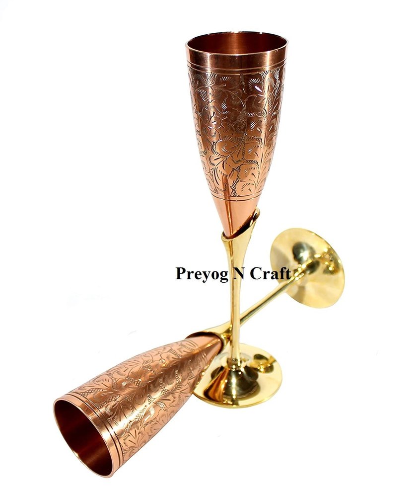 Preyog Copper Plated Brass Wine Goblet Champagne Flutes Glasses Set of Two