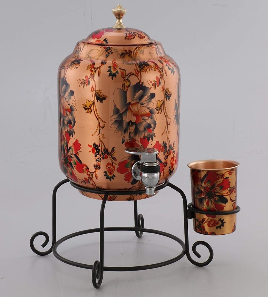 Copper Printed Water Tank And Glass Set, For Storage, Capacity: 15 Liter