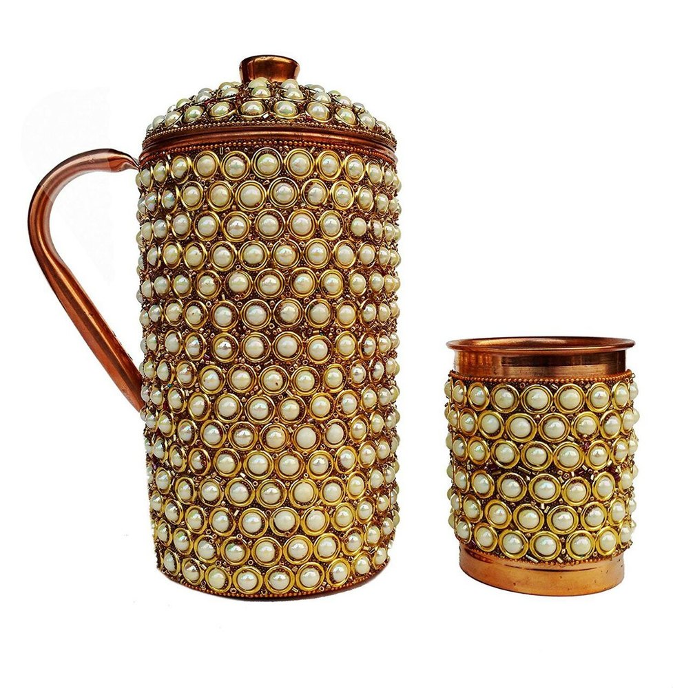 Multicolour Copper Jug With Pearl Work