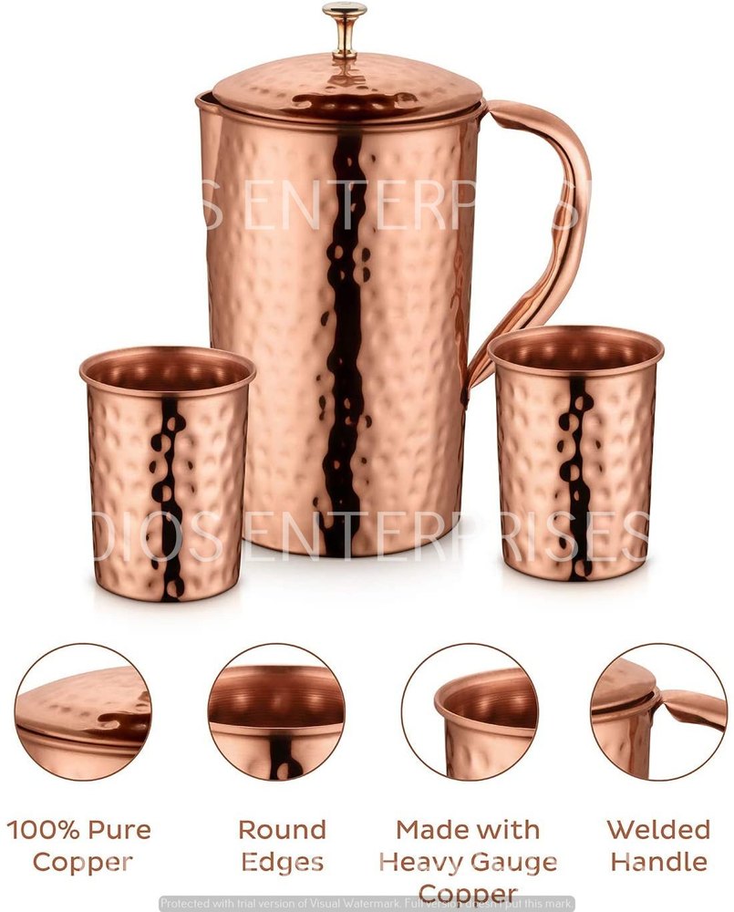 Handcrafted 100% Pure Copper Jug Pitcher with 2 Glass Drink ware Hammered Finish