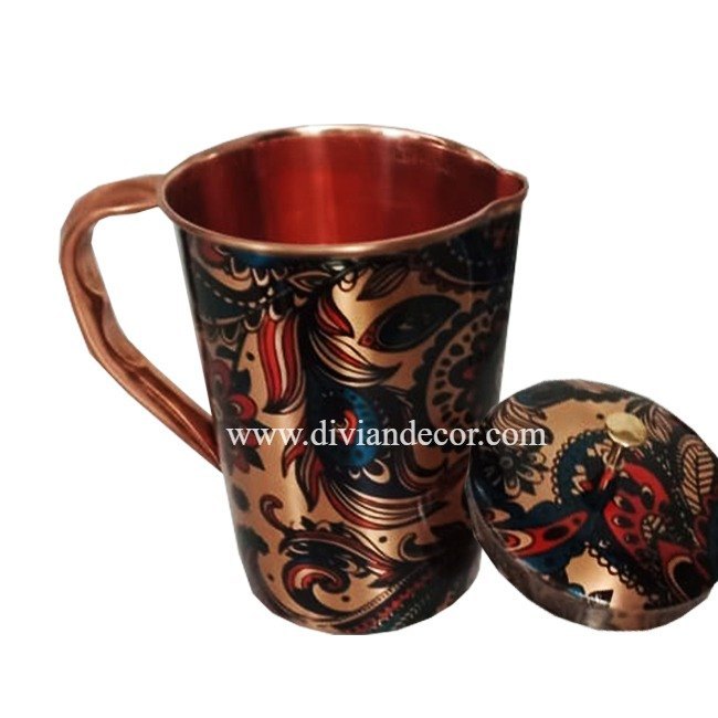 100% Pure Copper Meenakari Printed Drinking Water Jug For Home Hotel Restaurant