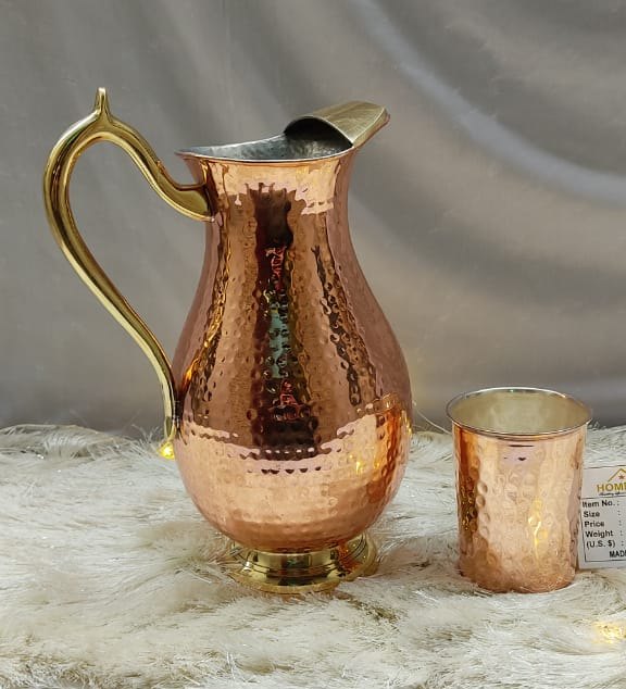 Round Copper Jug With Glass, Capacity: 1.5 LTR, Size: 19x14x27 Cm