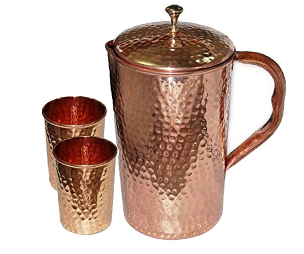 Gold Hammered Copper Jug Set, Size: 1.5l (jug), 200ml (glass)