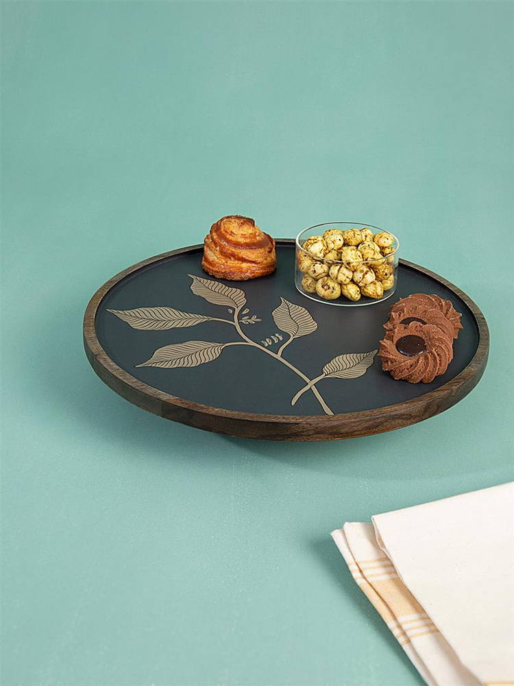 Dileep Essentials Black Golden Foliage Wooden Lazy Susan, For Home