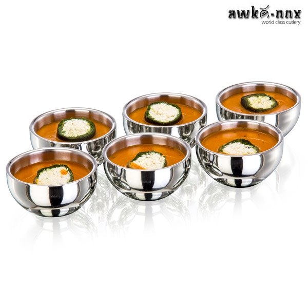 Awkenox 6 Psc. Premium Mirror & Matt Combination Hammered Double Wall Bowl Set