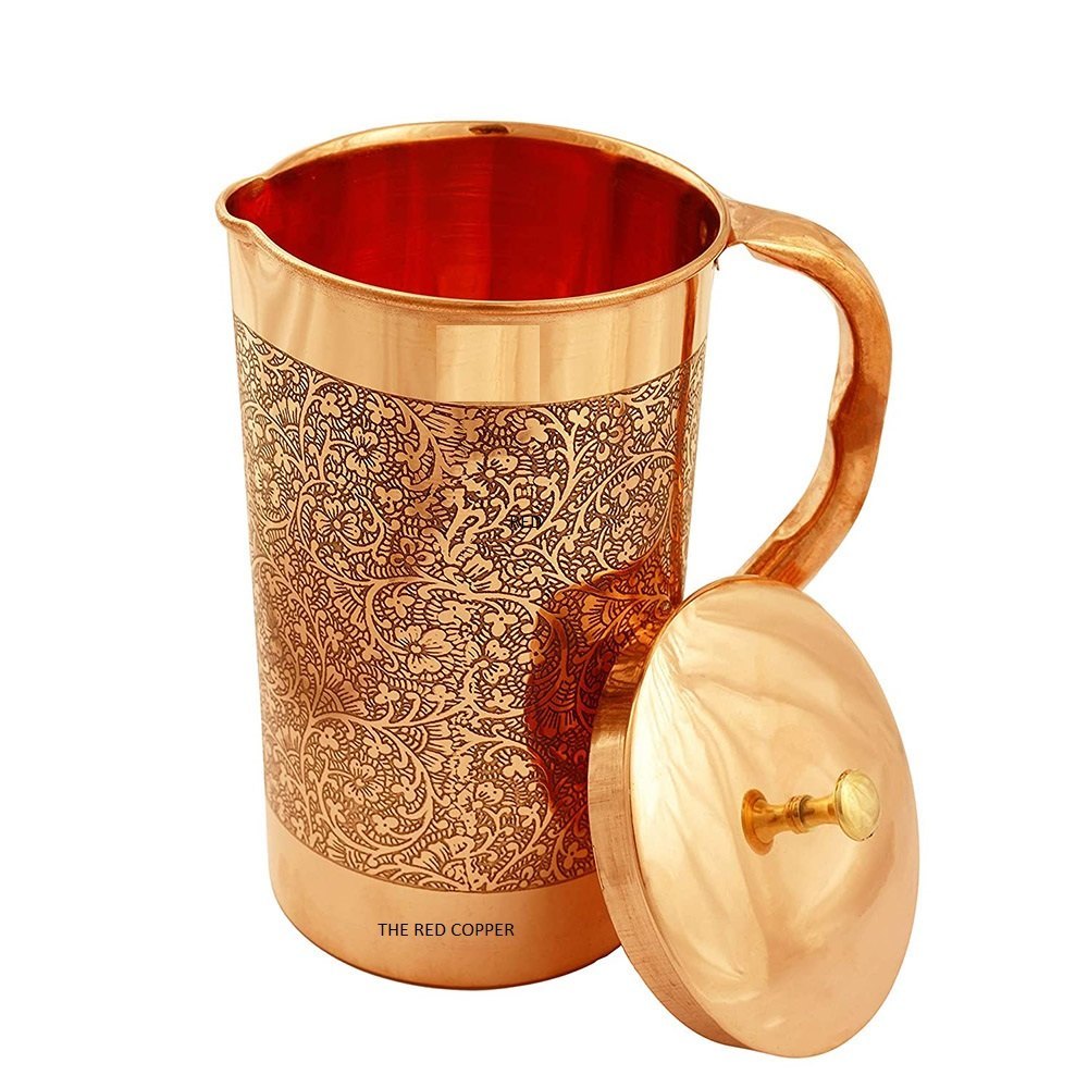 GOLD Round EMMBOSED COPPER JUG, For Hotel, Size: 1.5 Ltr