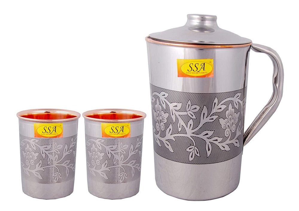 Embossed Luxury Engraved Design Steel Copper Jug Glass Set - 3 Pieces Drinkware Set - (-1.5 Liter)