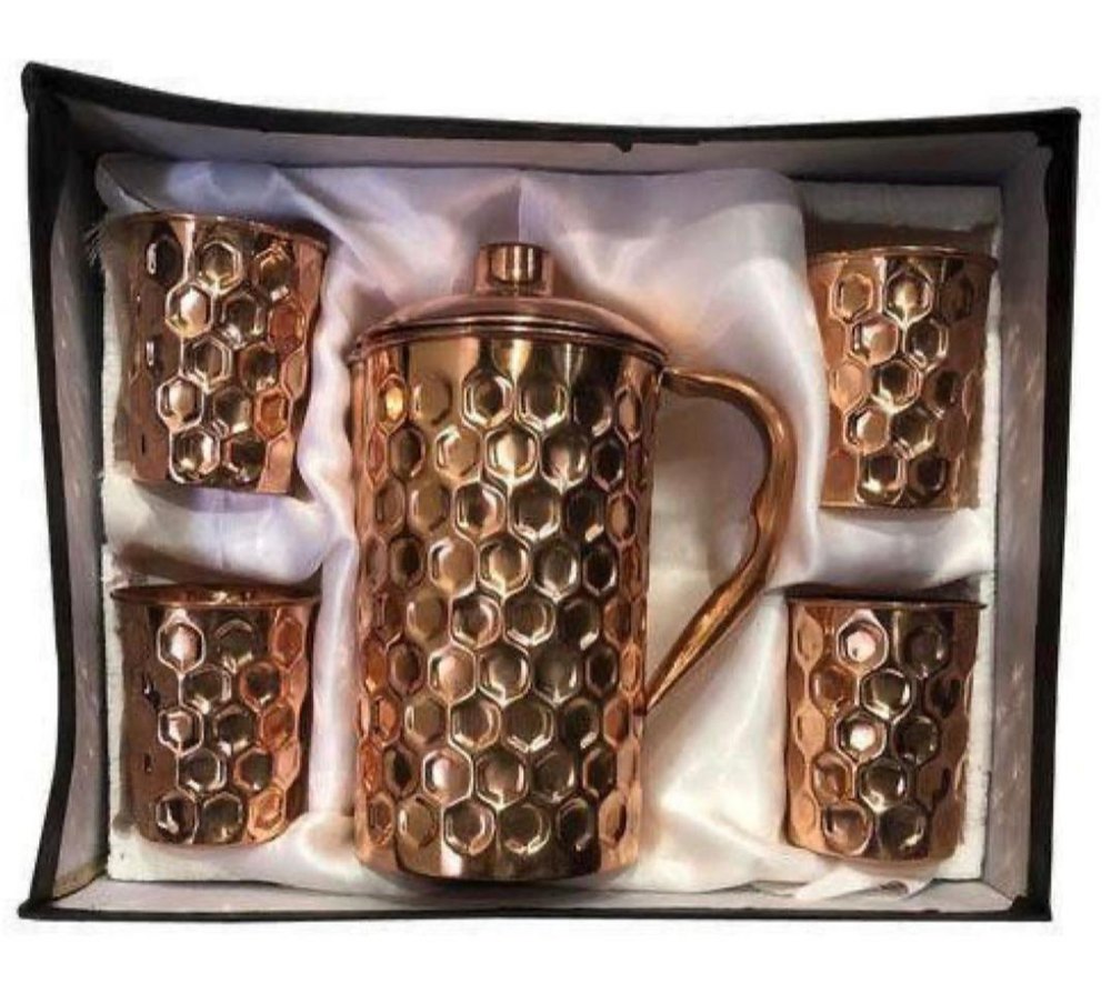 Metal Copper Diamond Hammer Water Jug Set With 4 Tumbler, For Home