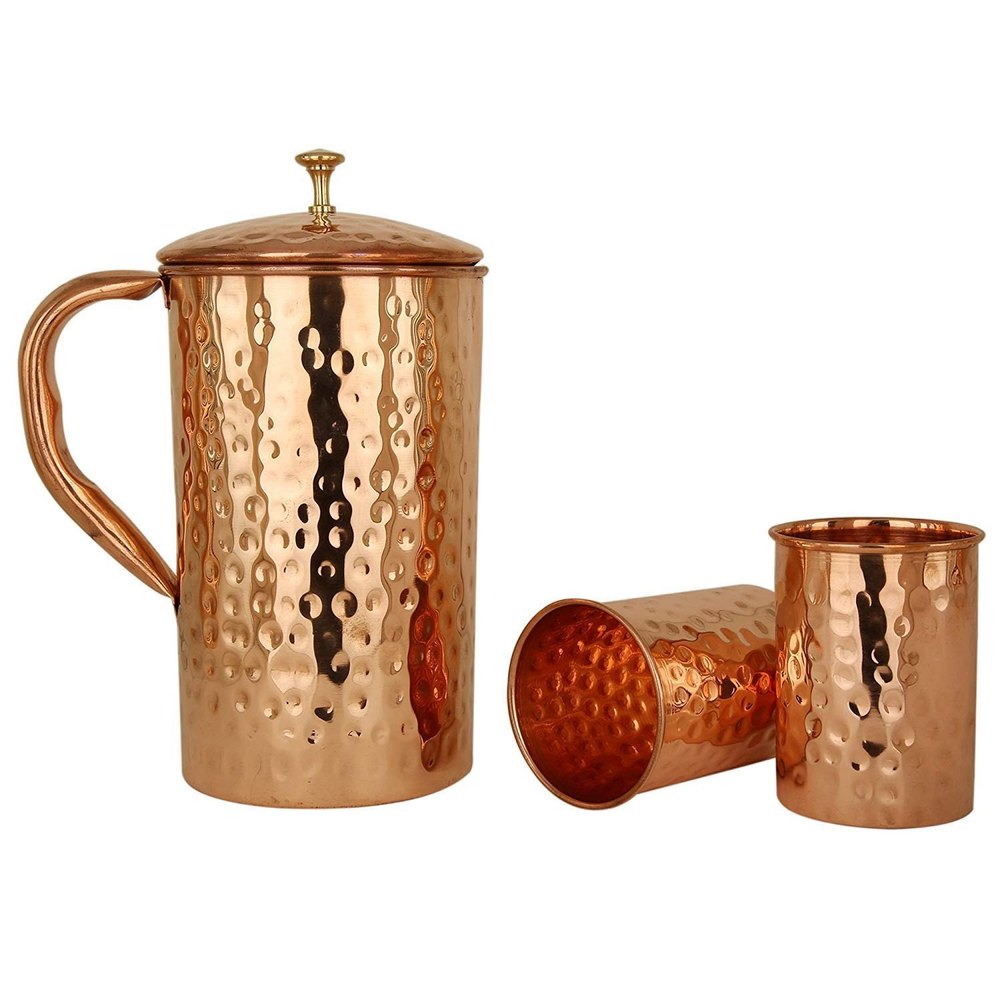 Round Pure Copper Hammered Jugs gift set, For Home, Capacity: 5 Litre