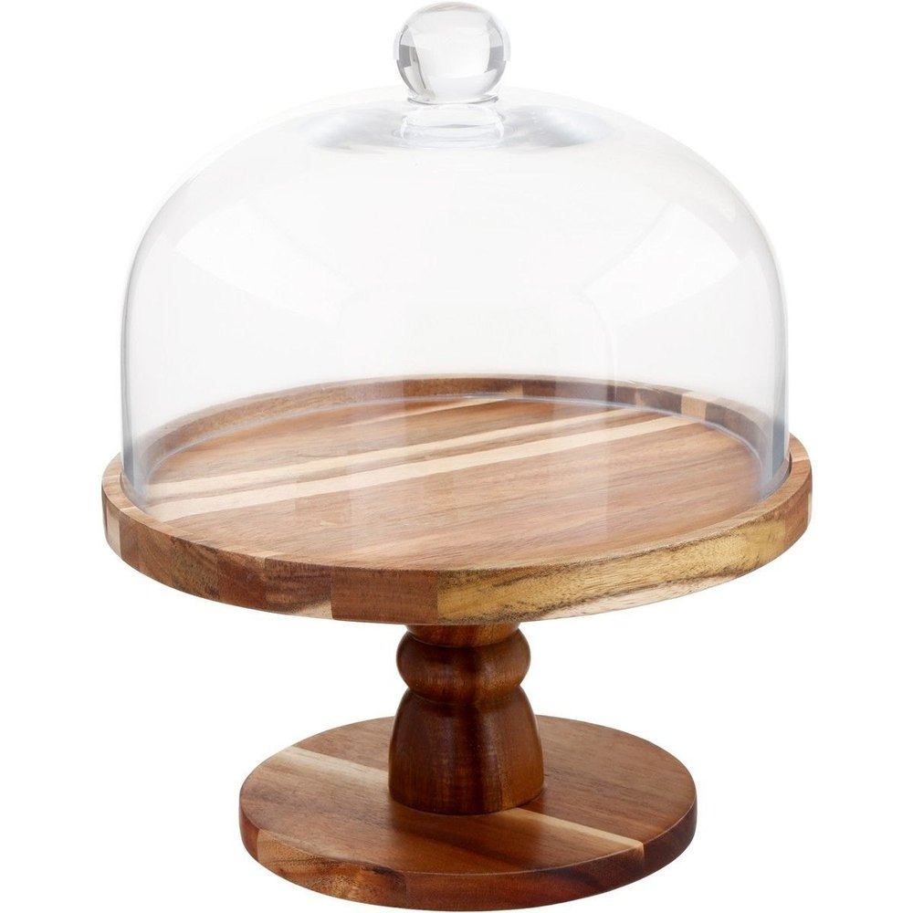Natural Wooden Cake Stand With Glass Dome, Round, Size: 9 Inch Diameter