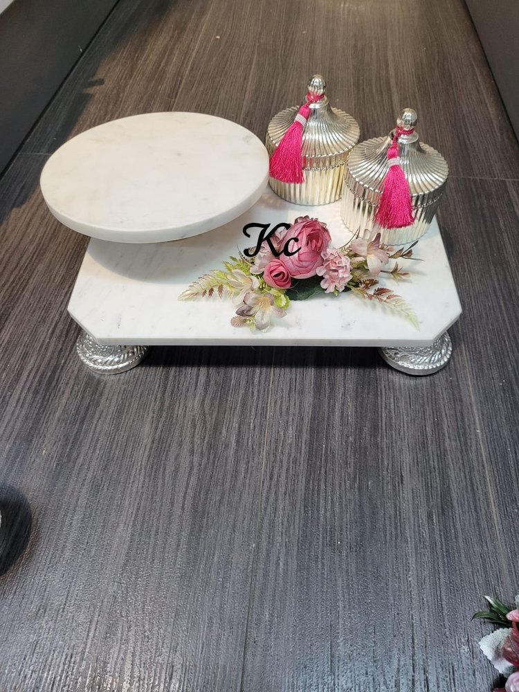 Marble Chowki with 2 Glass Jars & Marble Cake stand