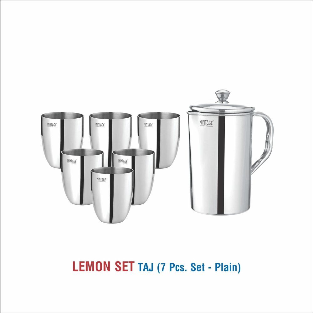 6 Pcs Glass + 1 Jug Silver Stainless Steel Lemon Set-Taj Plain, For Home
