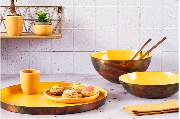 Metal Enamel Work Salad Serving Set Yellow