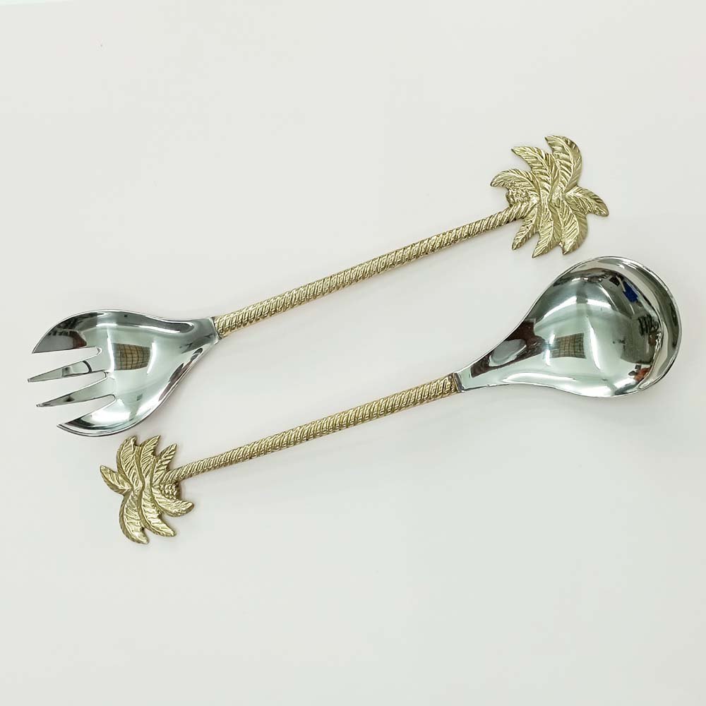 Golden and Silver Brass Palmtree Handle Stainless Steel Salad Serving Set, For Kitchen, Size: 11 Inch