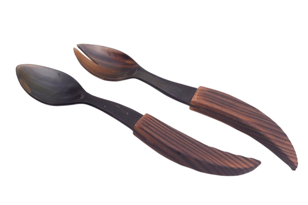 Horn & Wood Brown Elegant Salad Server Set, For Home, Designer Shape