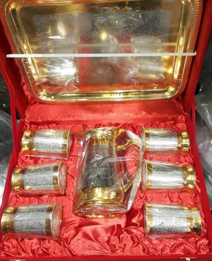 1 Jug 6 Glass 1 Tray Silver Gold Plated Metal Brass Lemon Set, For Hotel/Home/Restaurent, Size: 2 Ltr Jug 250 Ml Glass