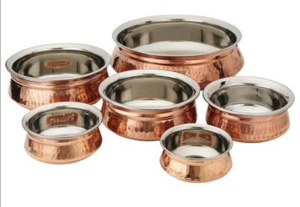 K&T Round Stainless Steel Copper Hammered Handi, For Hotel/Restaurant