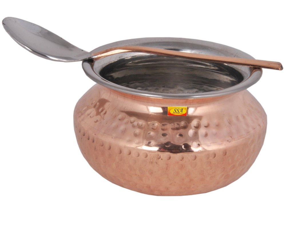 Steel Copper Handi With Serving Spoon - Punjabi & Rajasthani Design - For Serving Food(No.2-650 Ml)