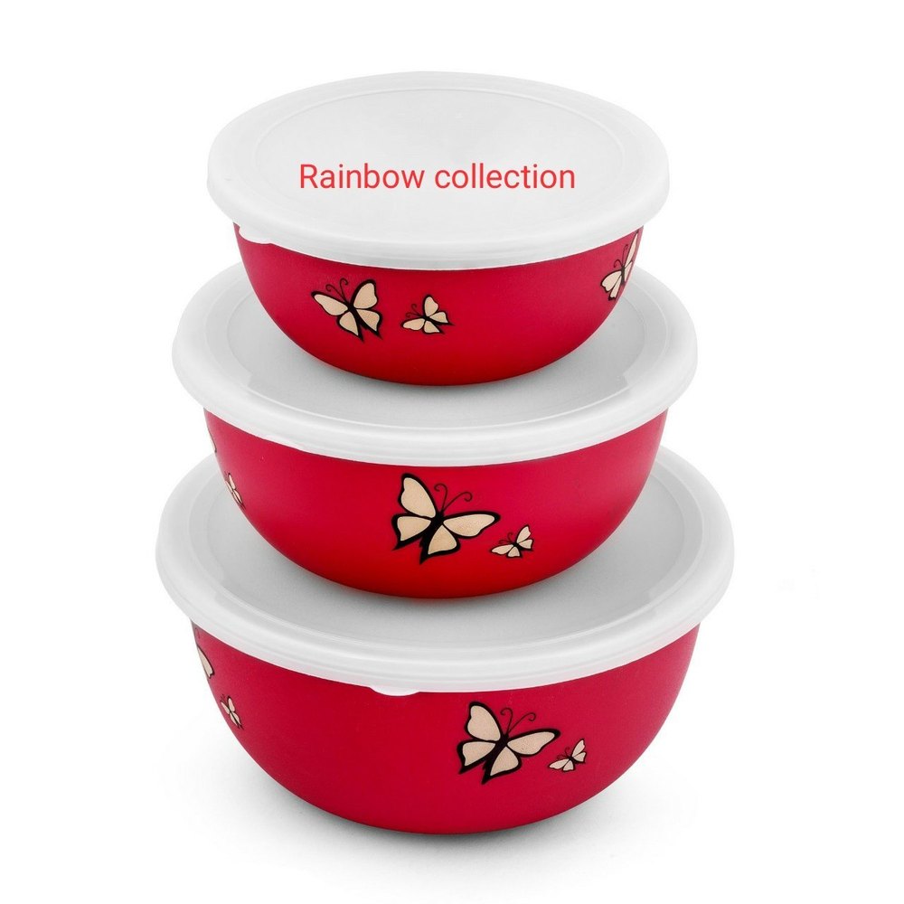 SS And Plastic Red Rainbow Collection Stainless Steel Microwave Safe Euro Bowl Set of 3