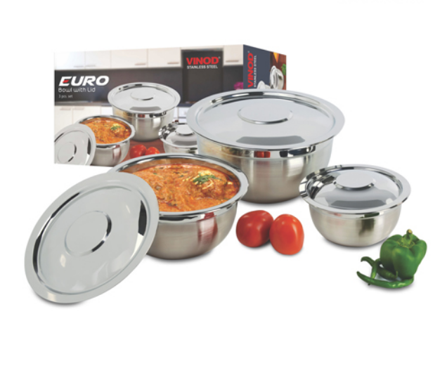 Round Stainless steel Vinod 3 Pieces Euro Bowl Set With Cover