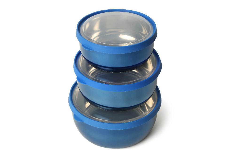 RK HANDICRAFTS Stainless Laquer coted Steel Bowl Set Airtight Blue, Set of 3)