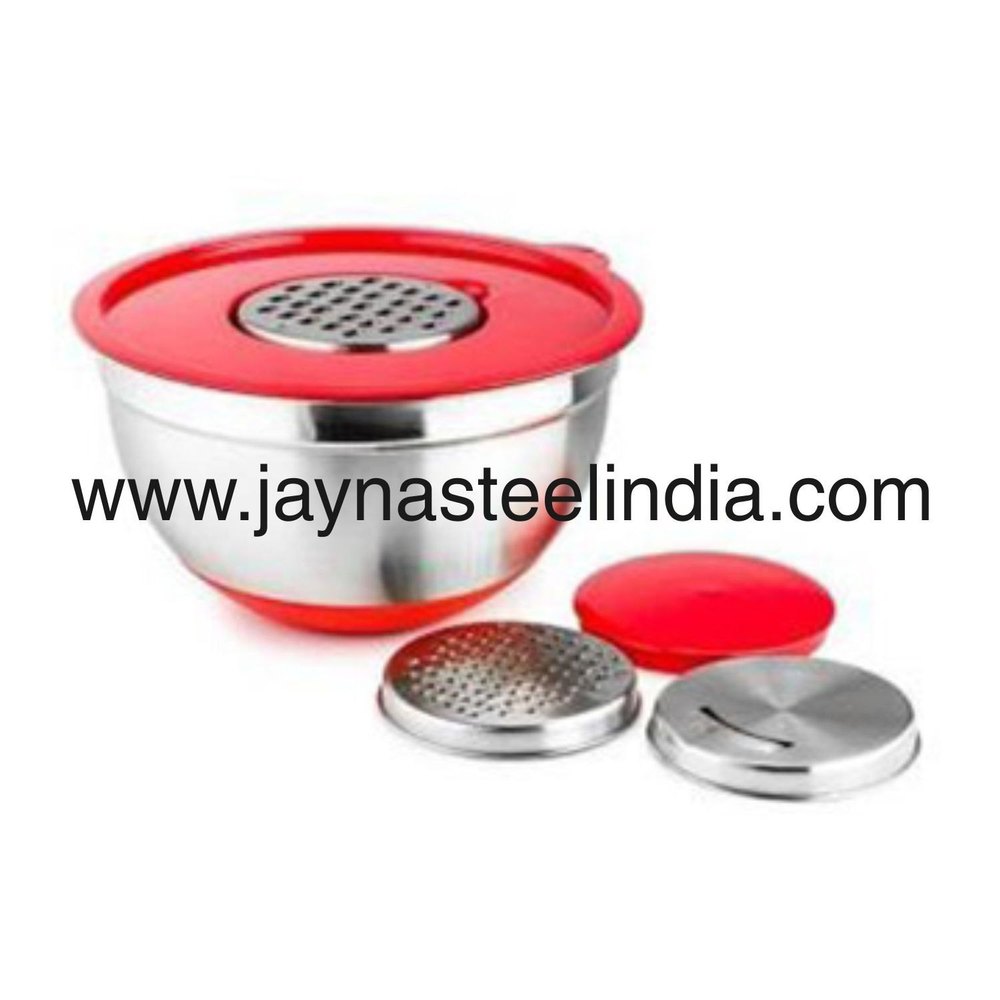 Round Metal Anti Skid Geman Lid Bowl Set With Grater 22, 24 And 26 Cm