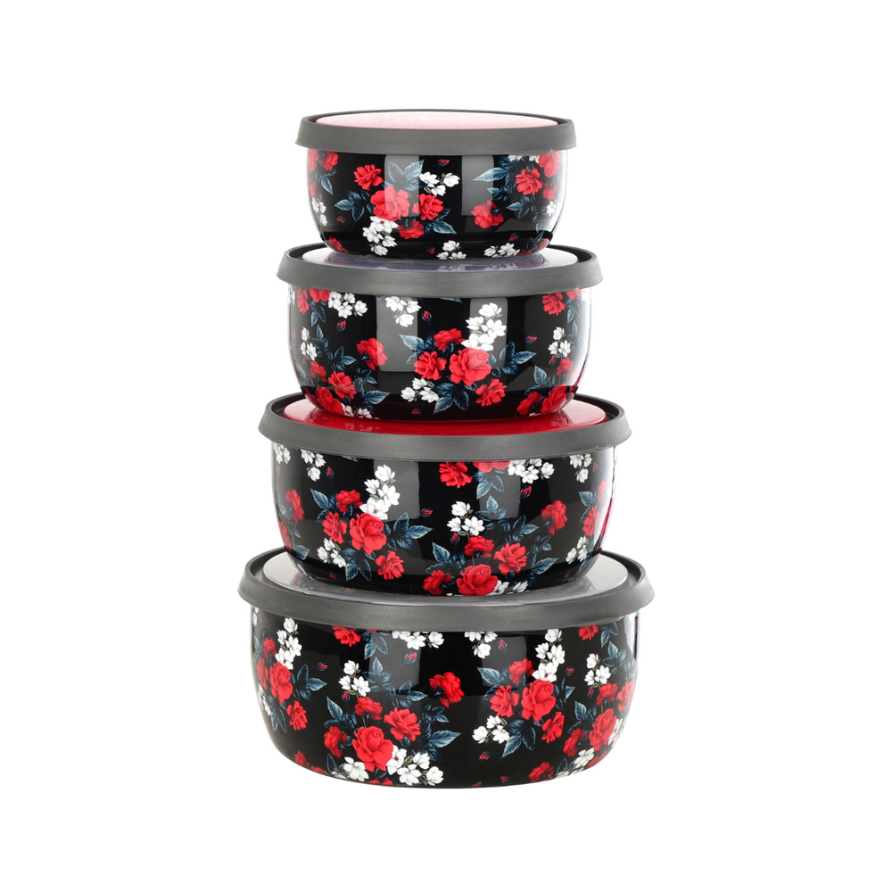 Fableart Black And Red 4 Stainless Steel Lid Bowl Set, For Home