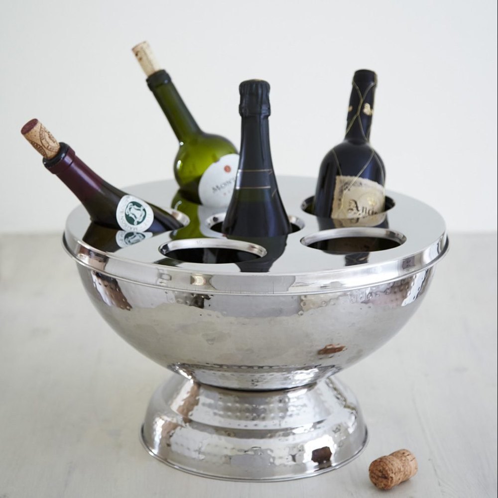 Stainless Steel Hammered Punch Bowl/ Champagne & Wine Chiller with 6 Hole Lid, Size-40 cm