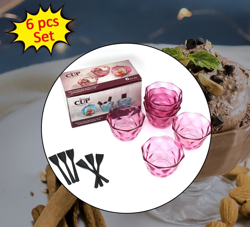 Plastic PINK 6pc Diamond shape ice cream bowl set