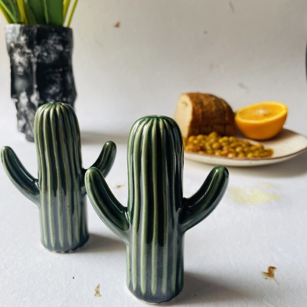 2 Pieces Green Ceramic Cactus Salt Pepper Shakers Crusher Shaker Sprinkler, Packaging Type: Box, Model Name/Number: SP-02